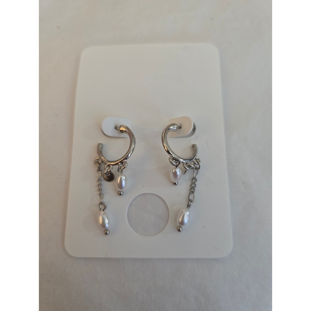 Whimsical SilverTone Faux Pearl Dangle Huggie Hoop Earrings Chain Drop NWT